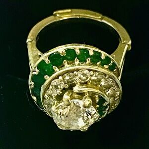 Gold and Green Art Deco Statement Ring with Diamond Center Stone